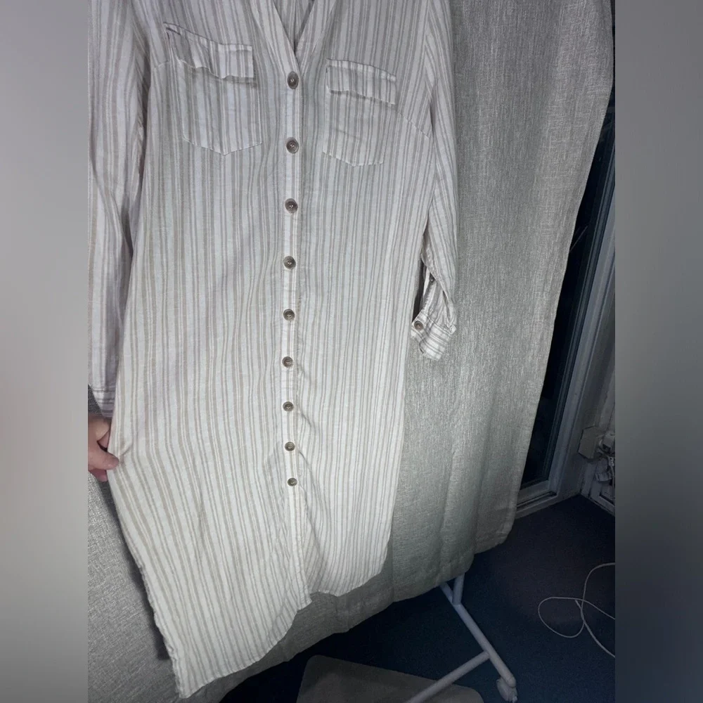 New York & Company Linen/Viscose Striped beige cream button up shirt dress Large - Picture 7 of 10